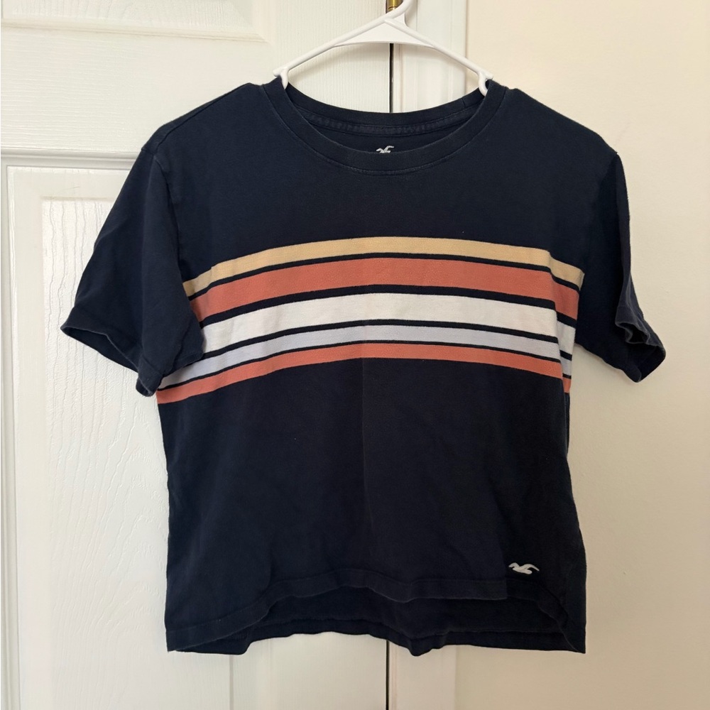 Hollister Navy Cotton Tee with Printed Logo